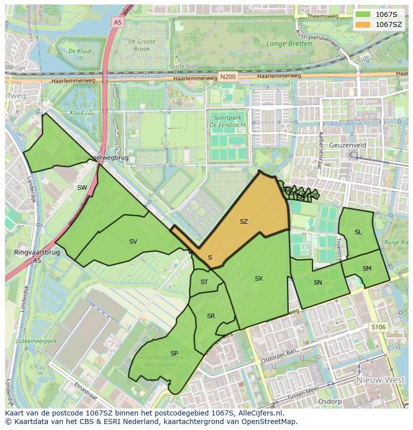 Afbeelding van het postcodegebied 1067 SZ op de kaart.