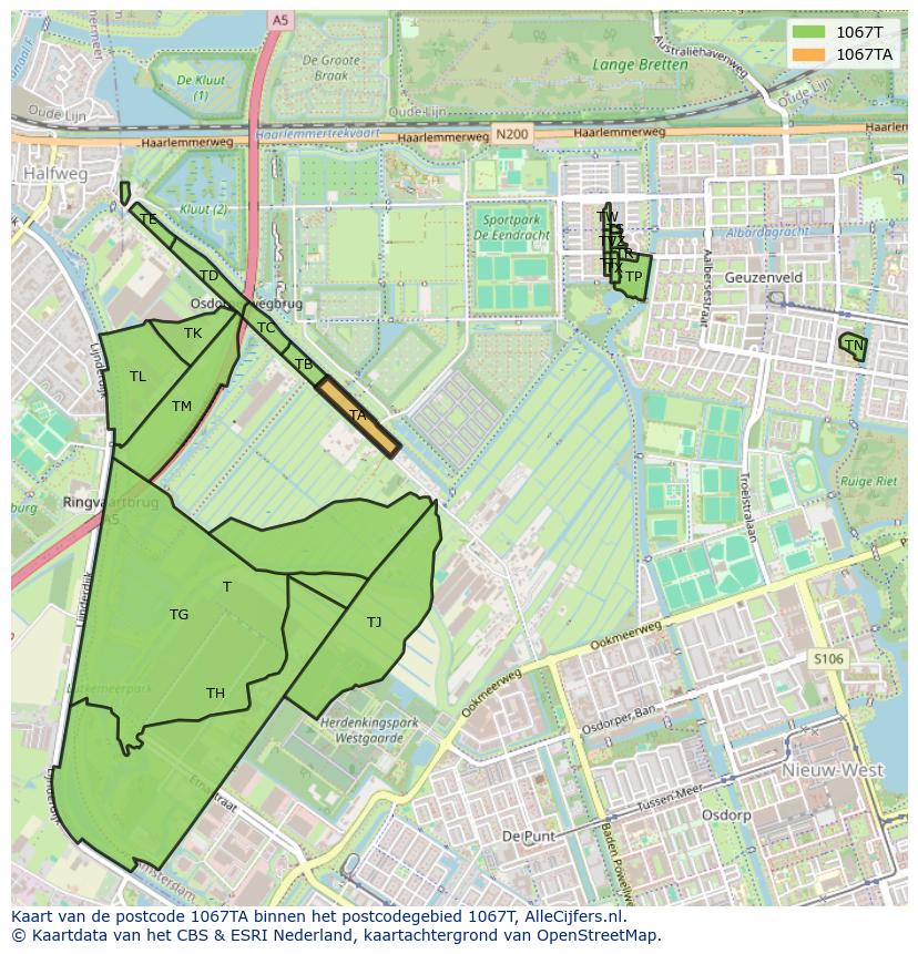 Afbeelding van het postcodegebied 1067 TA op de kaart.