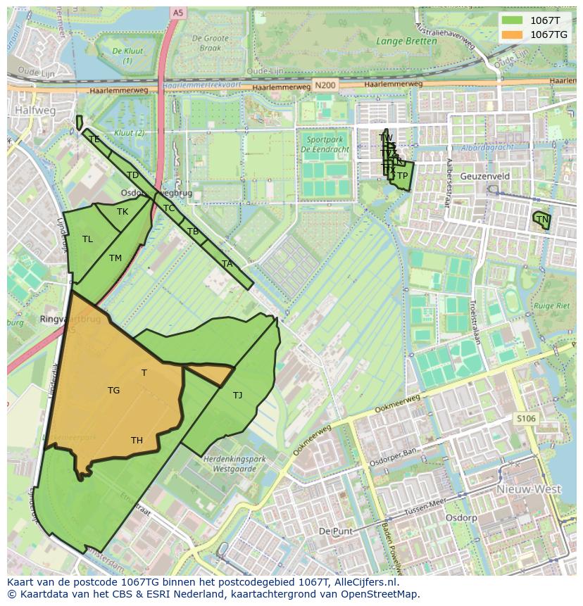 Afbeelding van het postcodegebied 1067 TG op de kaart.