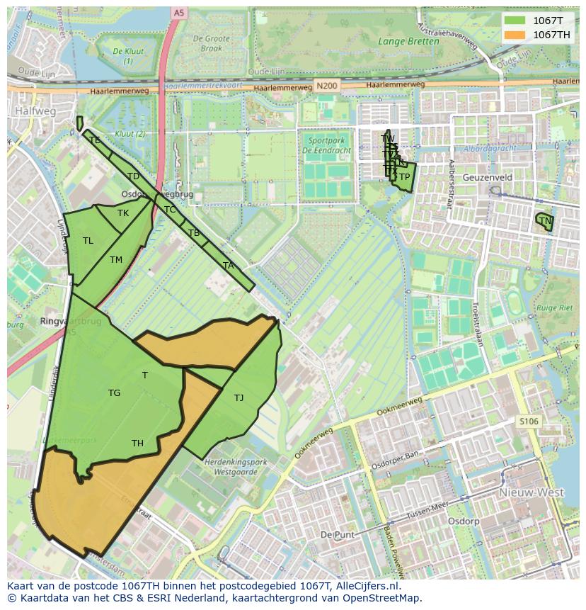 Afbeelding van het postcodegebied 1067 TH op de kaart.