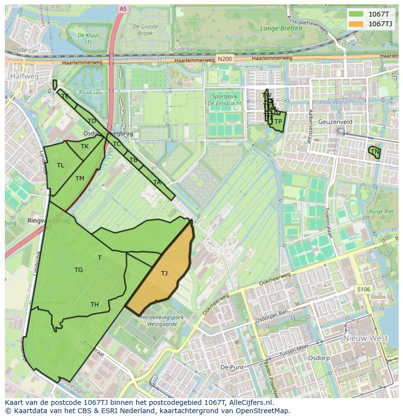 Afbeelding van het postcodegebied 1067 TJ op de kaart.