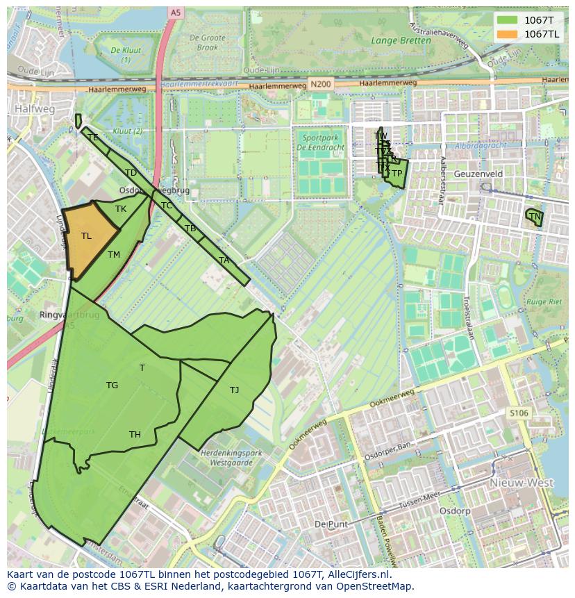 Afbeelding van het postcodegebied 1067 TL op de kaart.