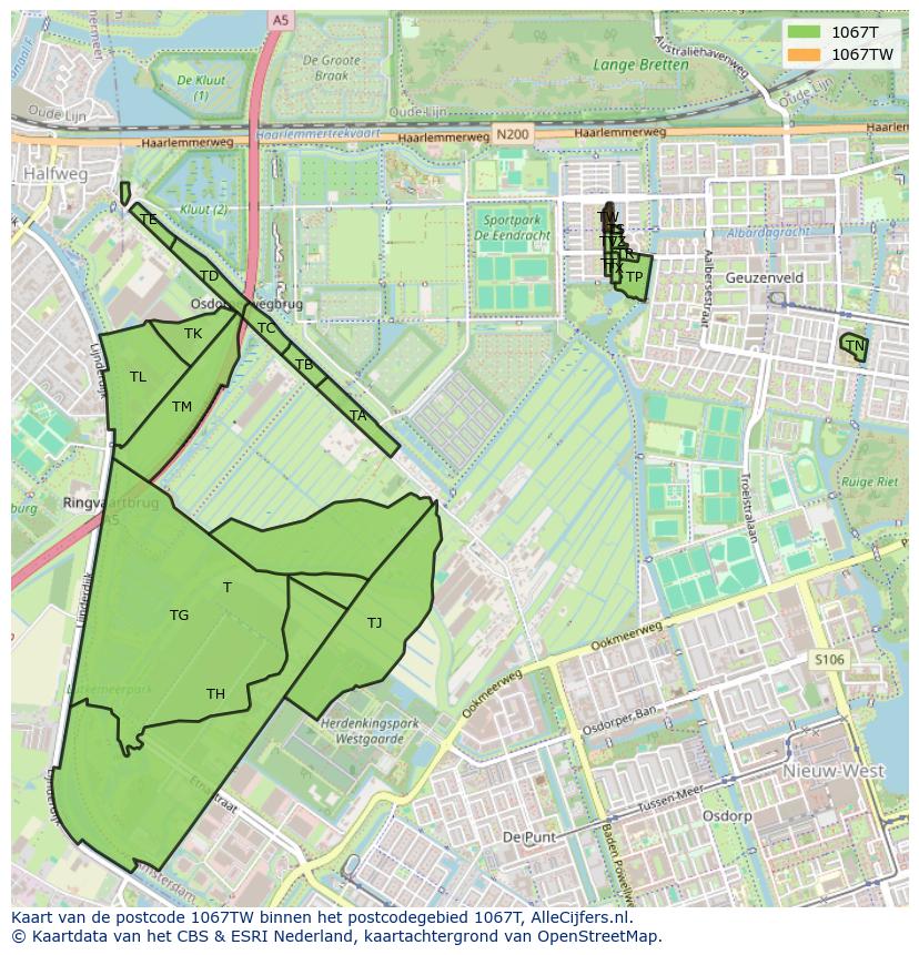 Afbeelding van het postcodegebied 1067 TW op de kaart.