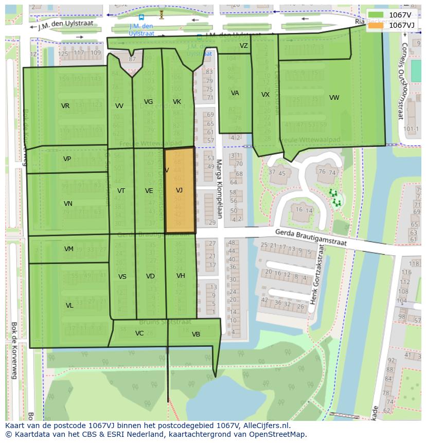 Afbeelding van het postcodegebied 1067 VJ op de kaart.
