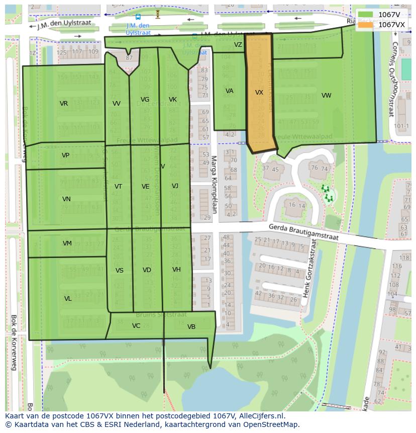 Afbeelding van het postcodegebied 1067 VX op de kaart.