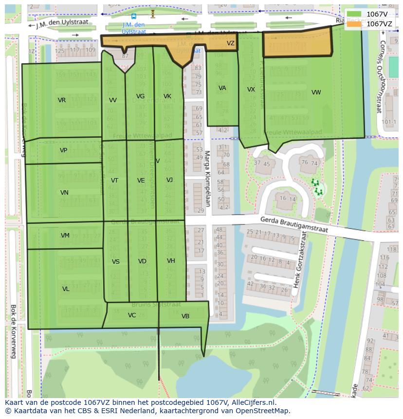 Afbeelding van het postcodegebied 1067 VZ op de kaart.
