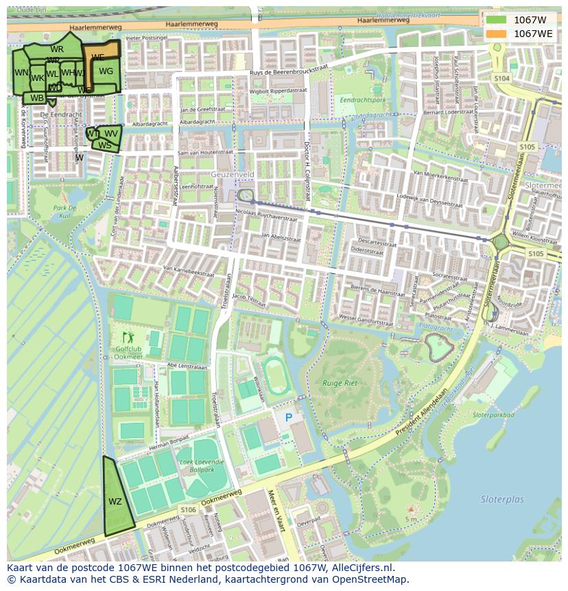 Afbeelding van het postcodegebied 1067 WE op de kaart.
