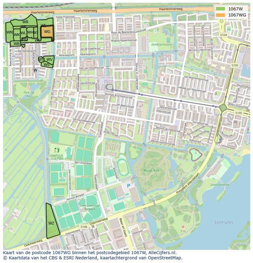 Afbeelding van het postcodegebied 1067 WG op de kaart.