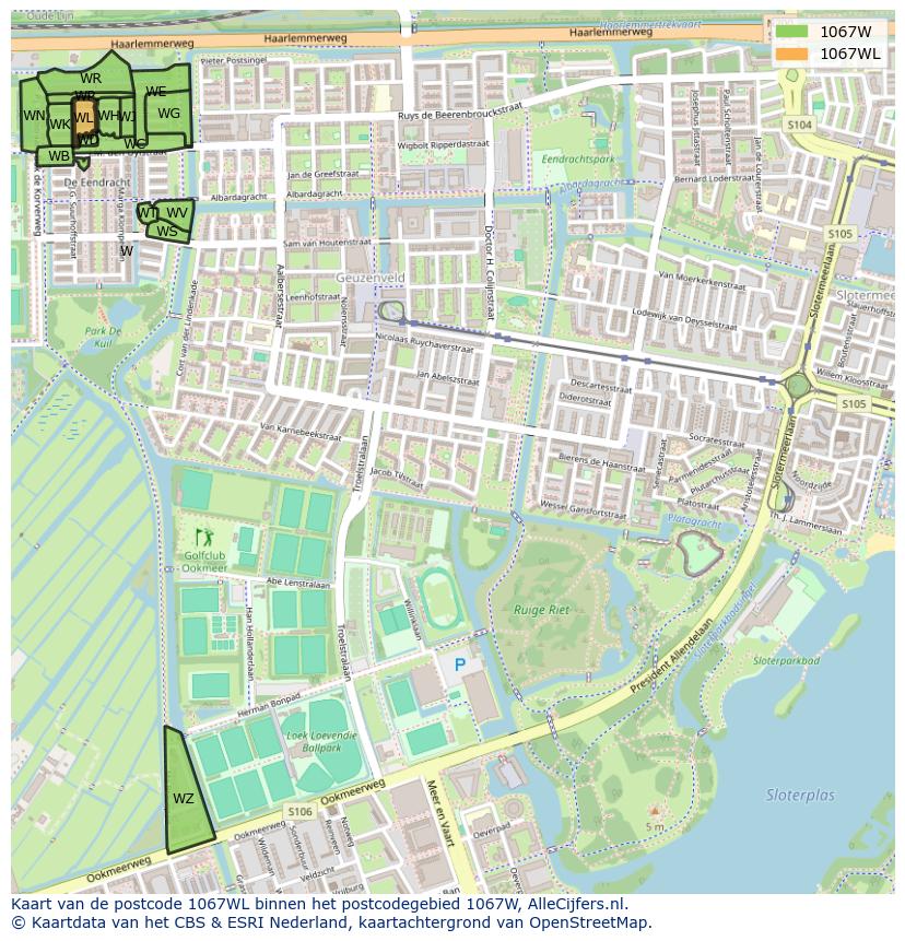 Afbeelding van het postcodegebied 1067 WL op de kaart.