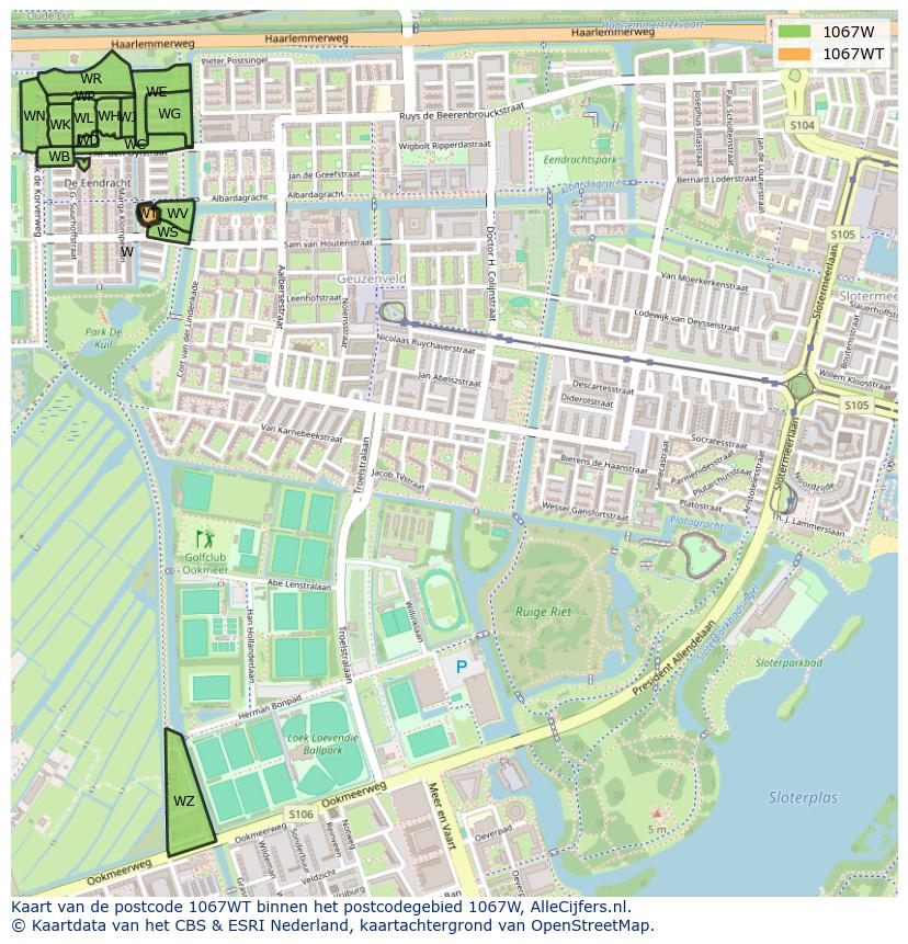 Afbeelding van het postcodegebied 1067 WT op de kaart.