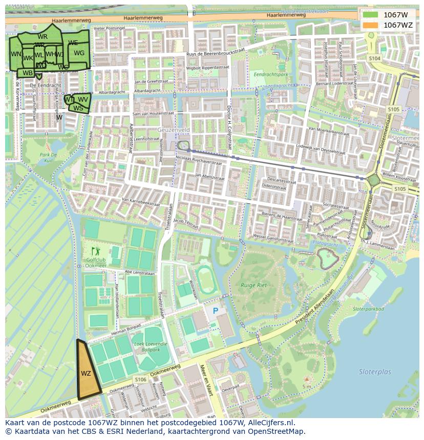 Afbeelding van het postcodegebied 1067 WZ op de kaart.