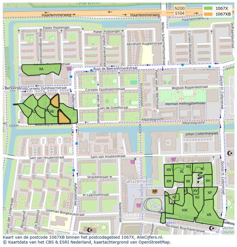 Afbeelding van het postcodegebied 1067 XB op de kaart.