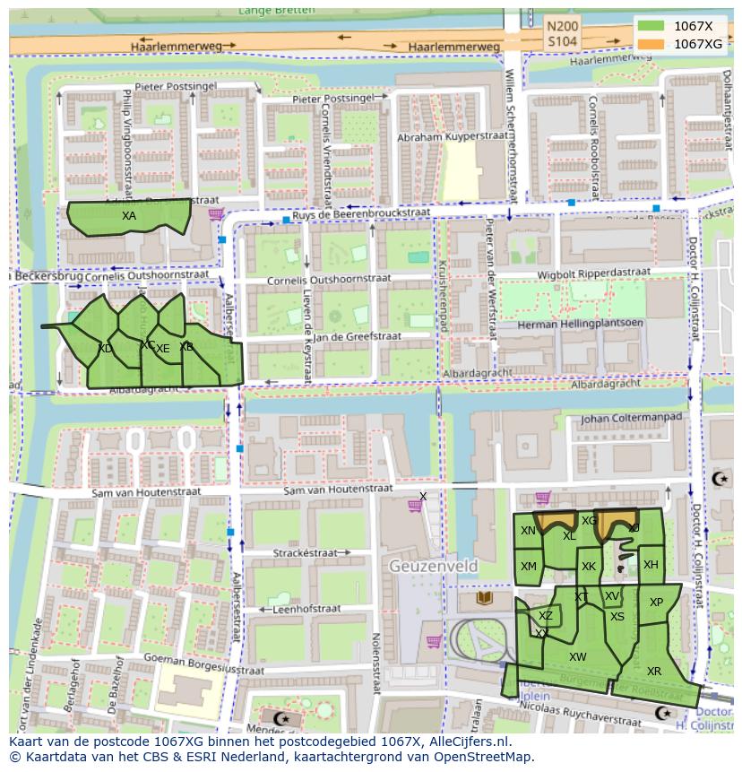 Afbeelding van het postcodegebied 1067 XG op de kaart.