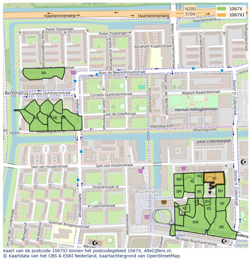 Afbeelding van het postcodegebied 1067 XJ op de kaart.