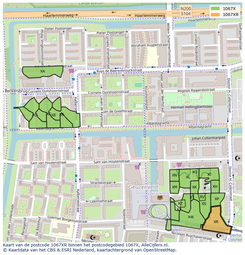 Afbeelding van het postcodegebied 1067 XR op de kaart.