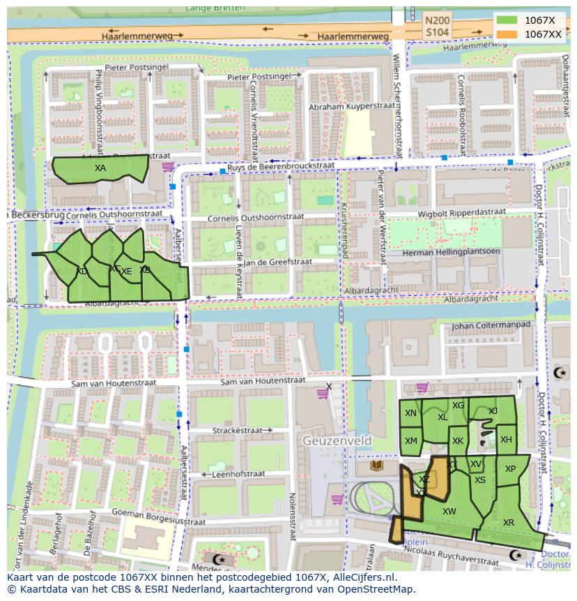 Afbeelding van het postcodegebied 1067 XX op de kaart.