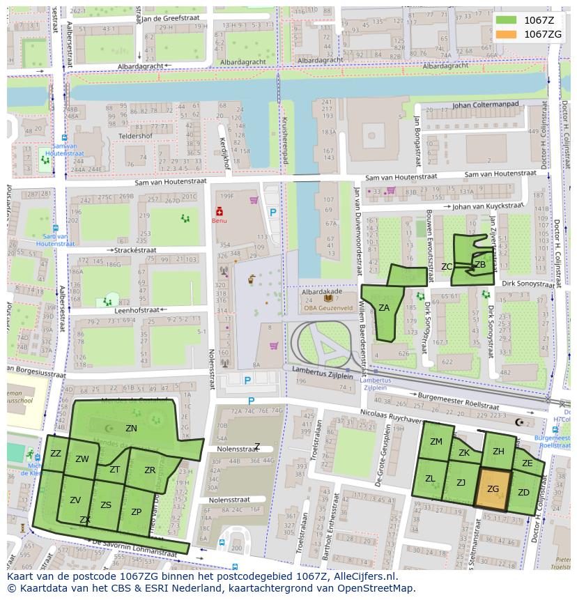 Afbeelding van het postcodegebied 1067 ZG op de kaart.