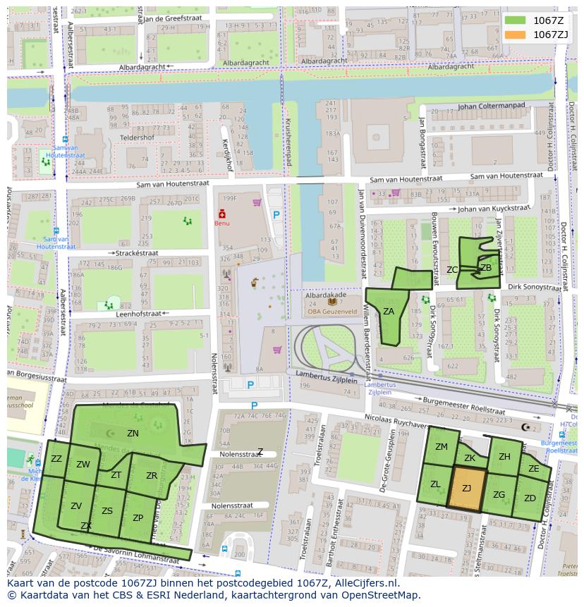 Afbeelding van het postcodegebied 1067 ZJ op de kaart.