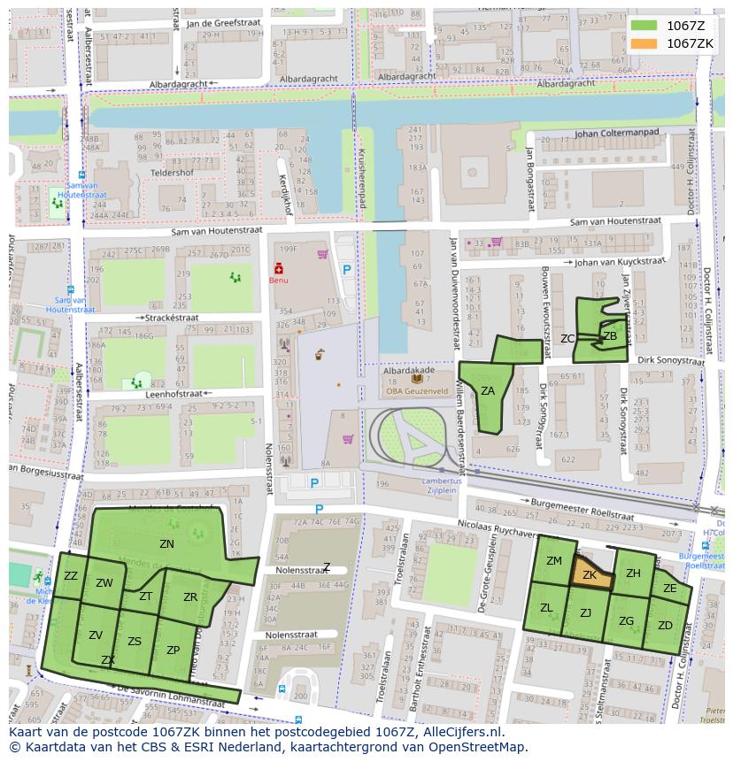Afbeelding van het postcodegebied 1067 ZK op de kaart.