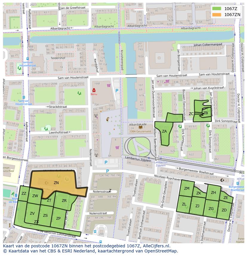 Afbeelding van het postcodegebied 1067 ZN op de kaart.