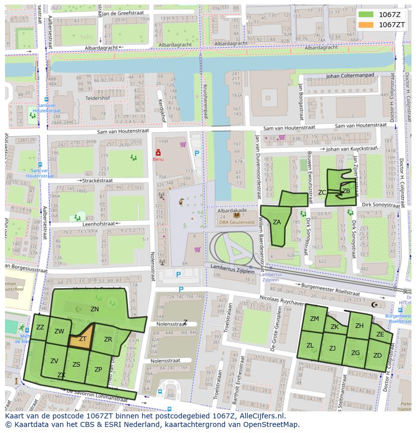 Afbeelding van het postcodegebied 1067 ZT op de kaart.