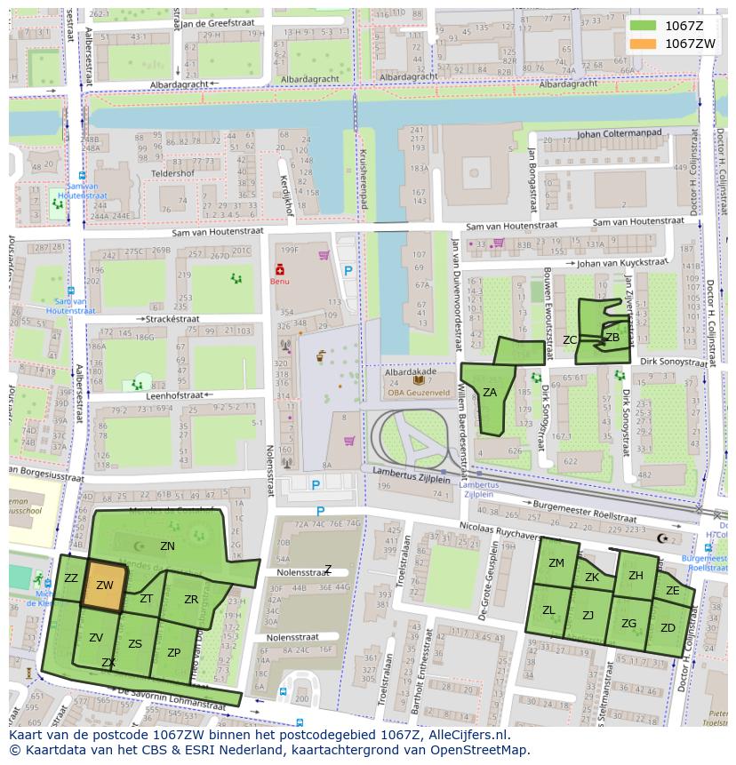 Afbeelding van het postcodegebied 1067 ZW op de kaart.
