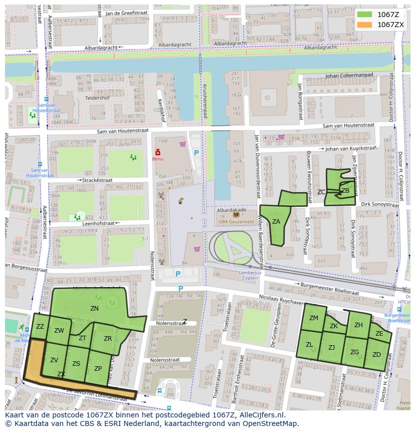 Afbeelding van het postcodegebied 1067 ZX op de kaart.