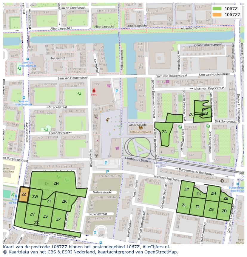 Afbeelding van het postcodegebied 1067 ZZ op de kaart.