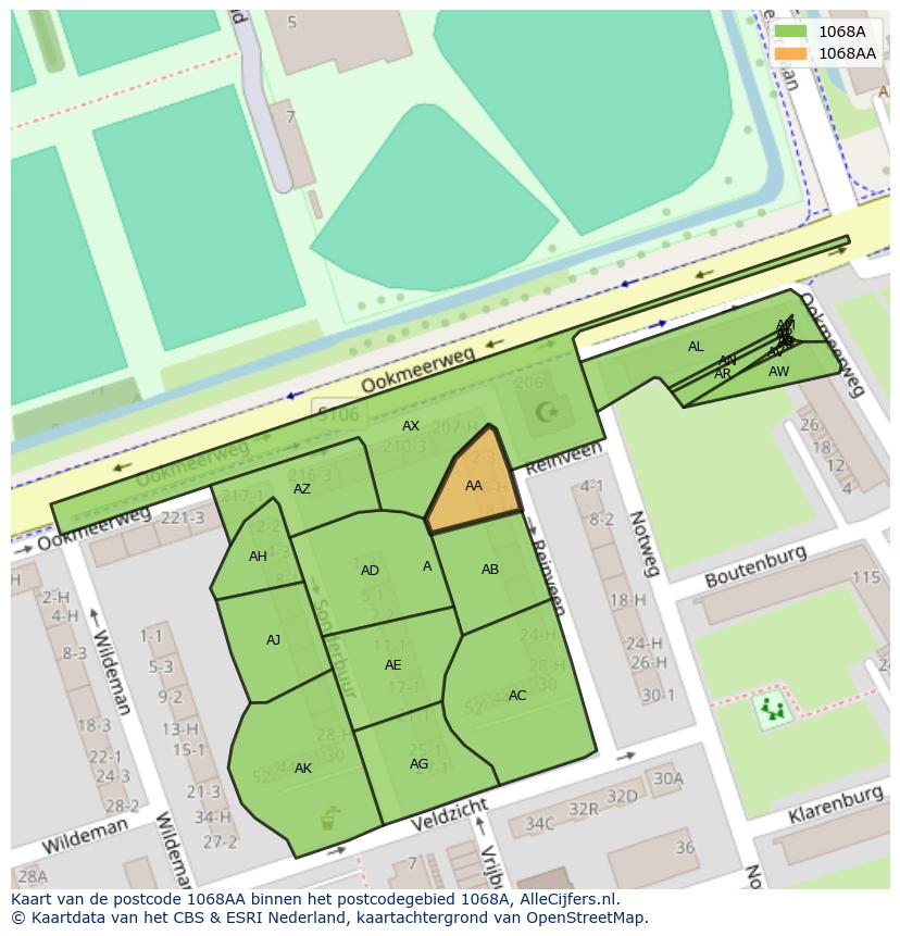 Afbeelding van het postcodegebied 1068 AA op de kaart.