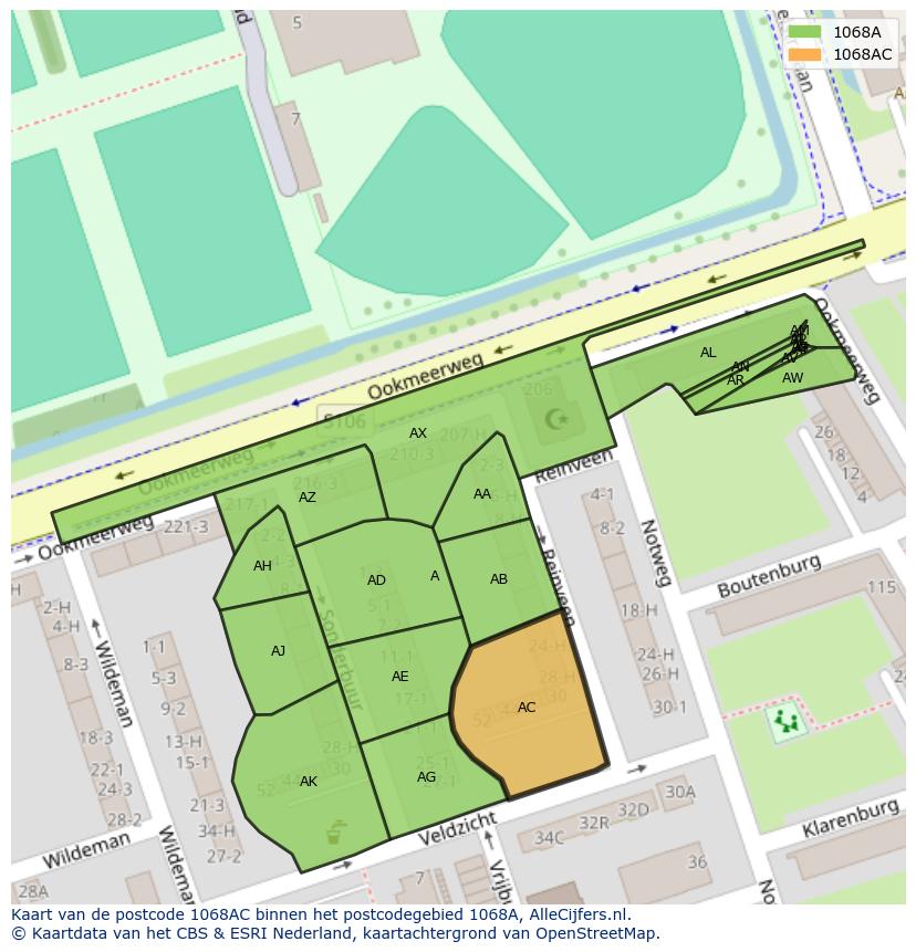 Afbeelding van het postcodegebied 1068 AC op de kaart.