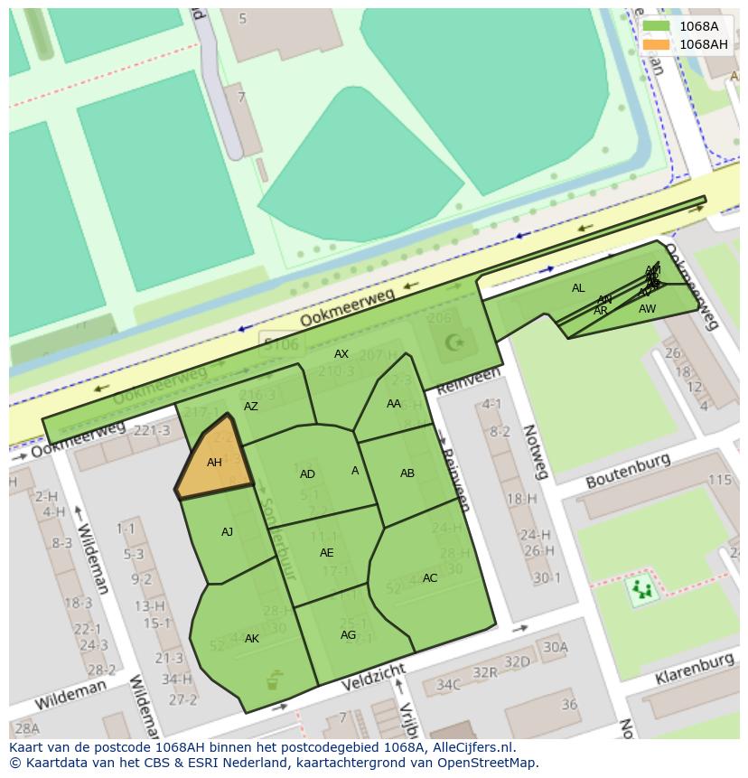 Afbeelding van het postcodegebied 1068 AH op de kaart.