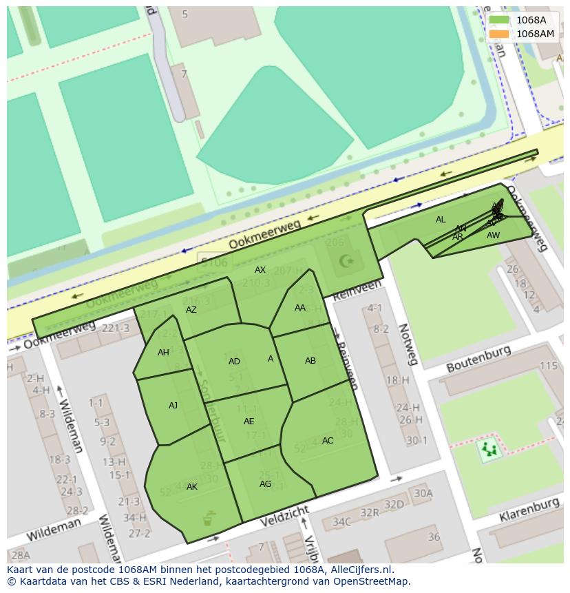Afbeelding van het postcodegebied 1068 AM op de kaart.