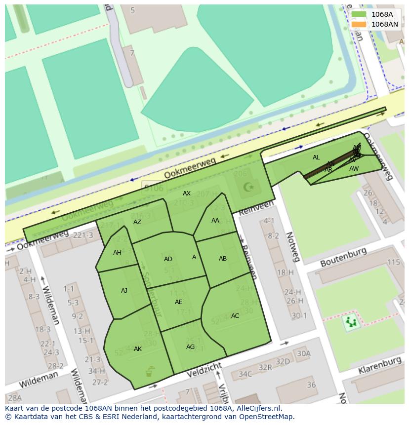 Afbeelding van het postcodegebied 1068 AN op de kaart.