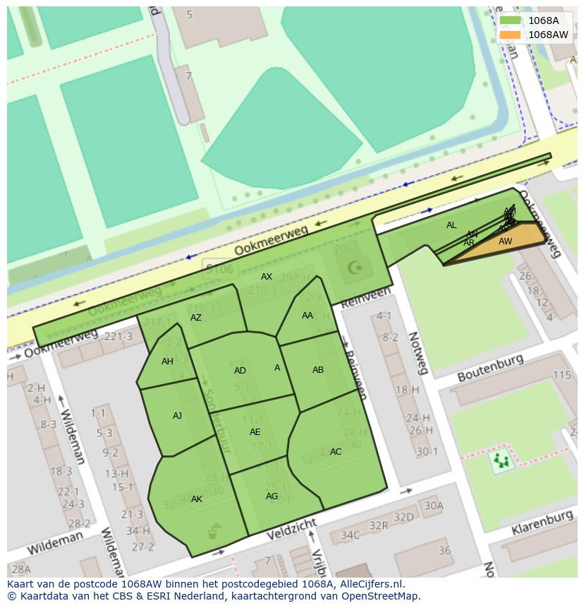 Afbeelding van het postcodegebied 1068 AW op de kaart.