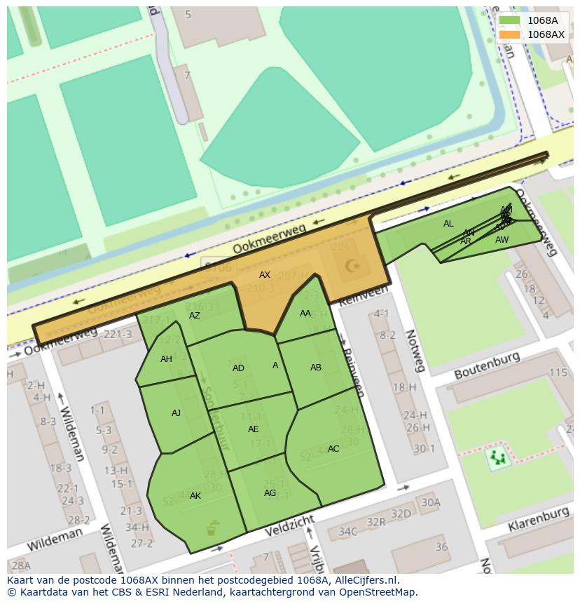 Afbeelding van het postcodegebied 1068 AX op de kaart.