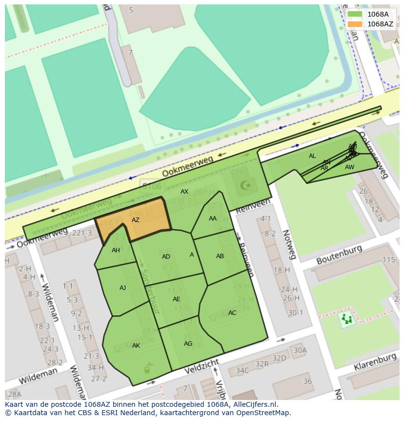 Afbeelding van het postcodegebied 1068 AZ op de kaart.