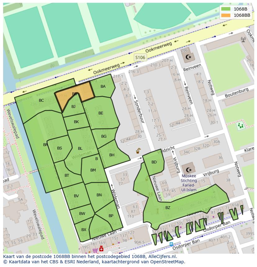 Afbeelding van het postcodegebied 1068 BB op de kaart.