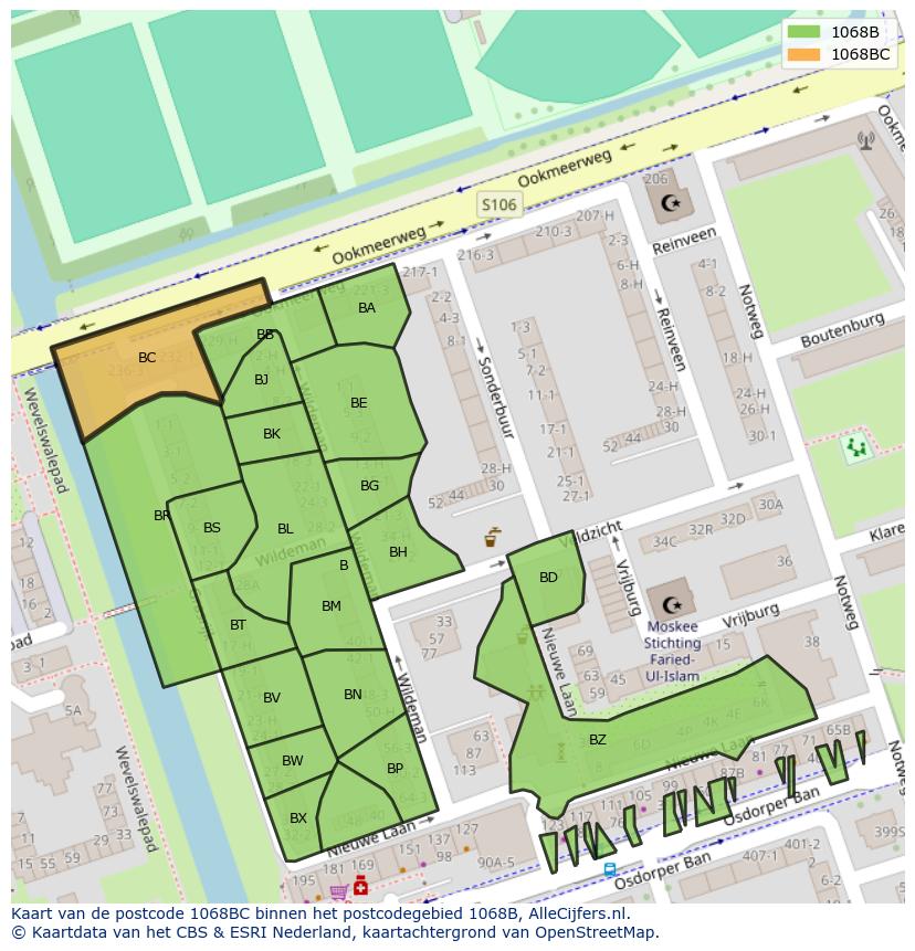 Afbeelding van het postcodegebied 1068 BC op de kaart.