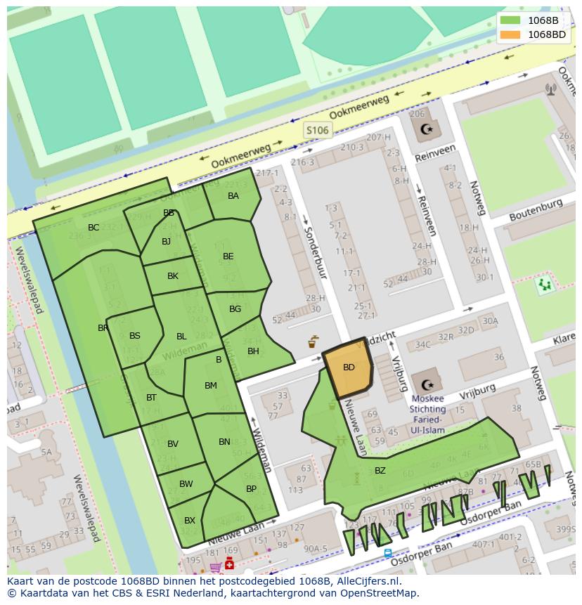 Afbeelding van het postcodegebied 1068 BD op de kaart.