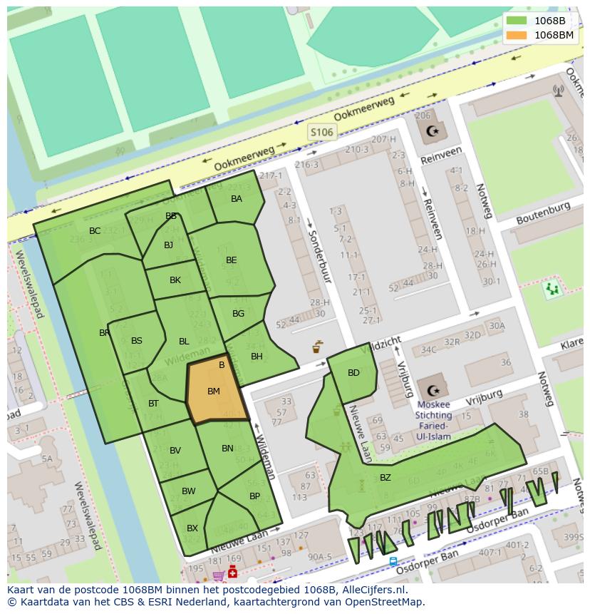 Afbeelding van het postcodegebied 1068 BM op de kaart.