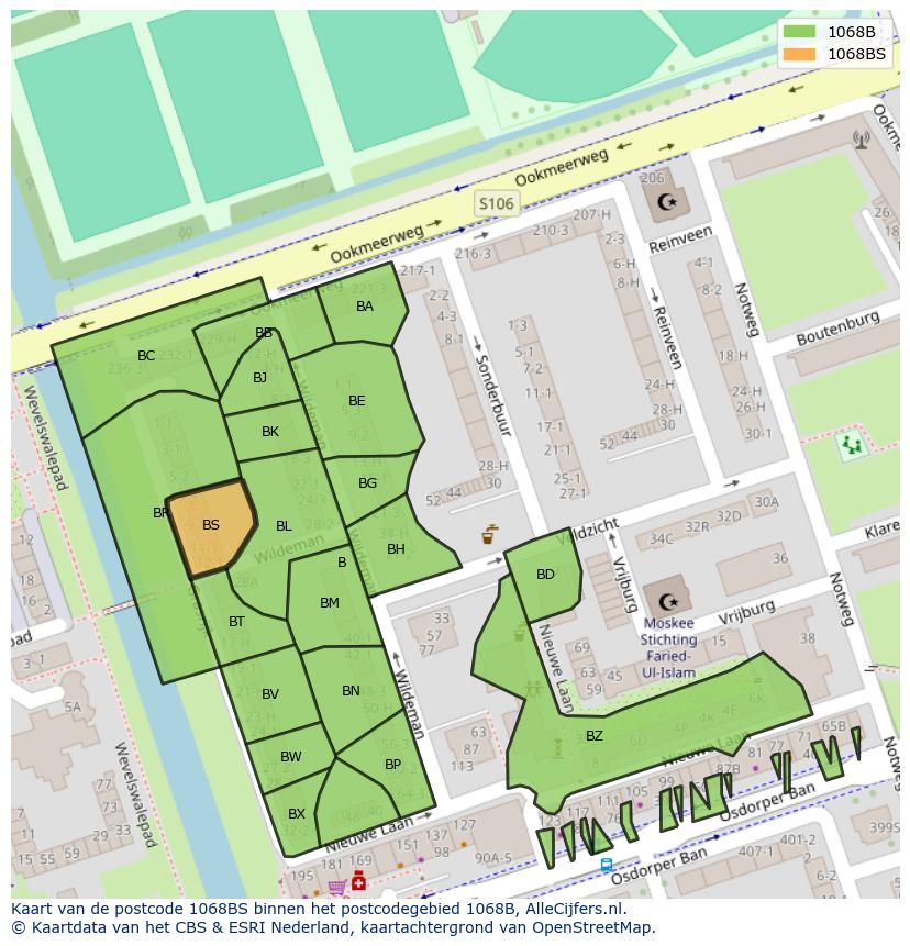 Afbeelding van het postcodegebied 1068 BS op de kaart.