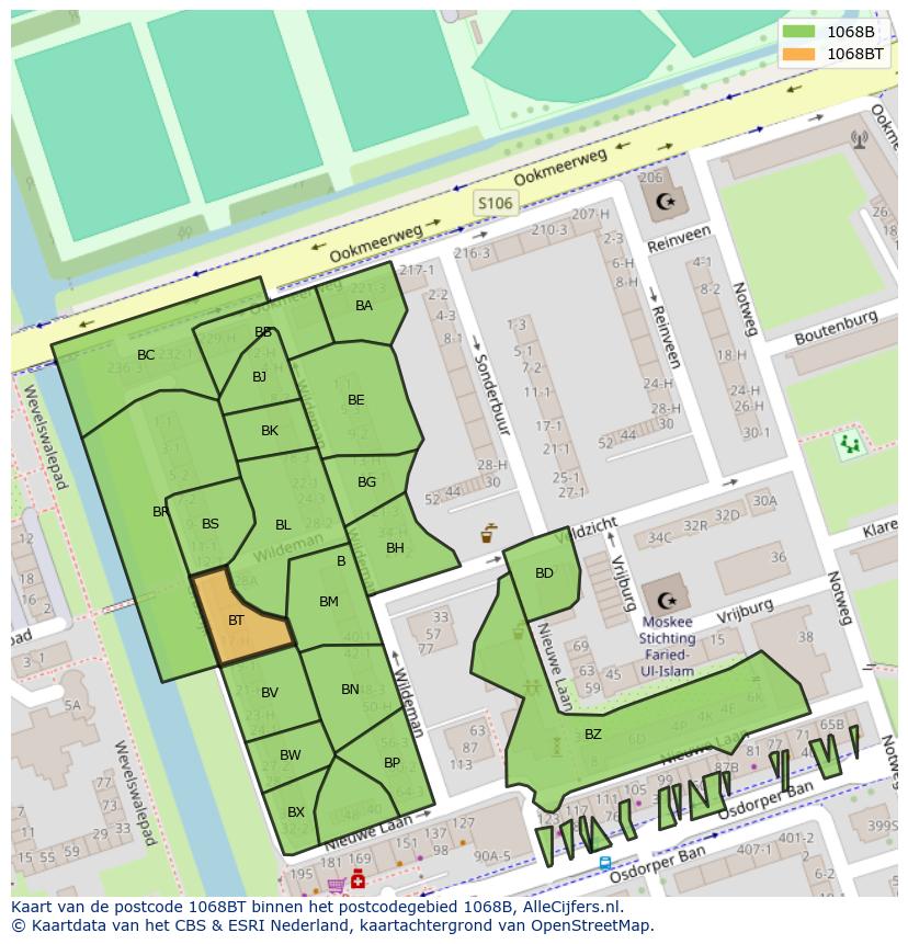 Afbeelding van het postcodegebied 1068 BT op de kaart.