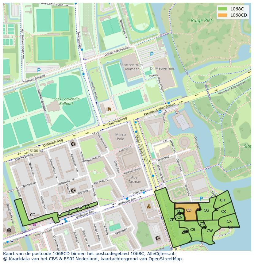 Afbeelding van het postcodegebied 1068 CD op de kaart.