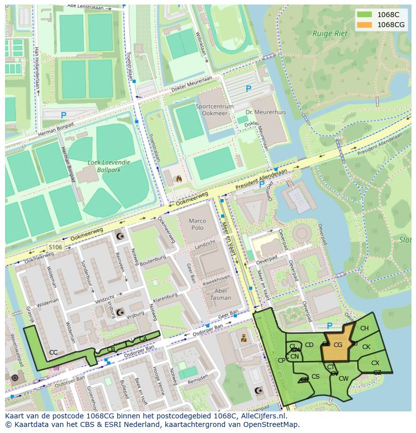 Afbeelding van het postcodegebied 1068 CG op de kaart.