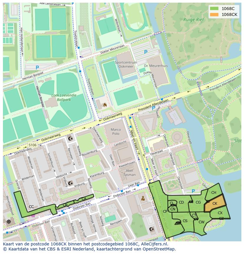 Afbeelding van het postcodegebied 1068 CK op de kaart.