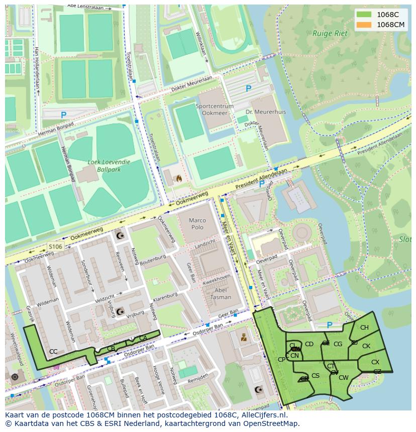 Afbeelding van het postcodegebied 1068 CM op de kaart.