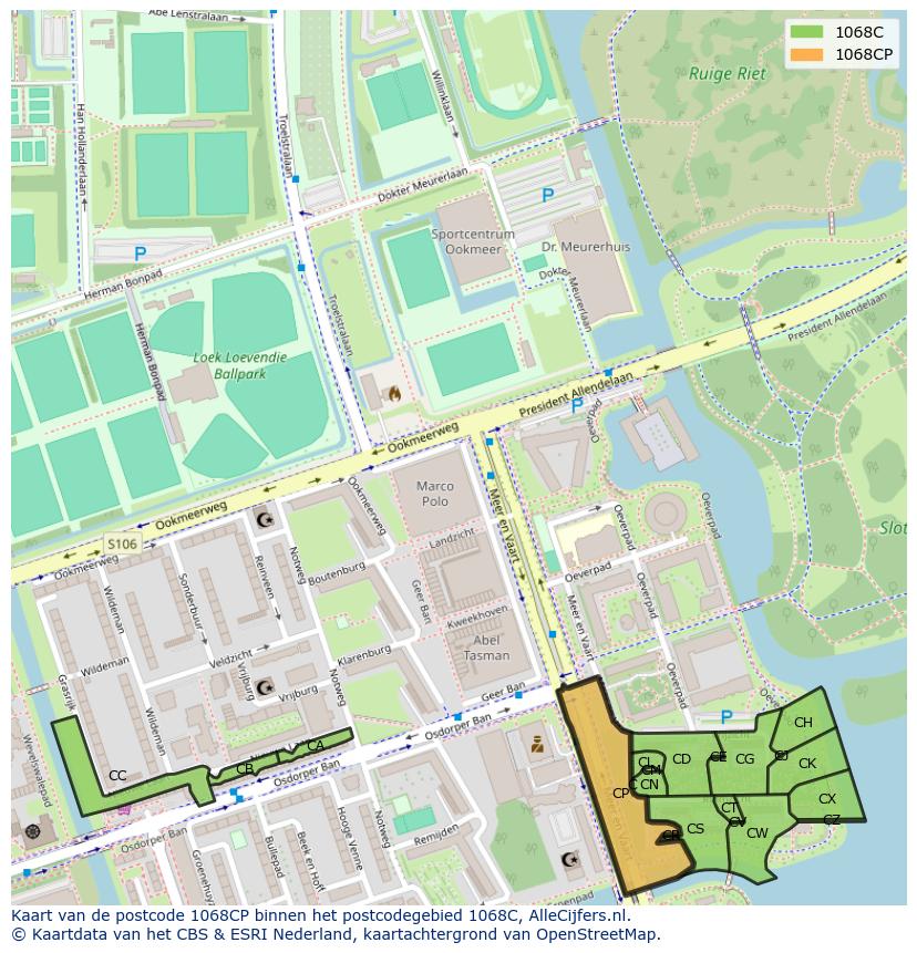 Afbeelding van het postcodegebied 1068 CP op de kaart.