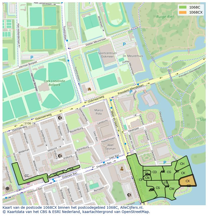 Afbeelding van het postcodegebied 1068 CX op de kaart.