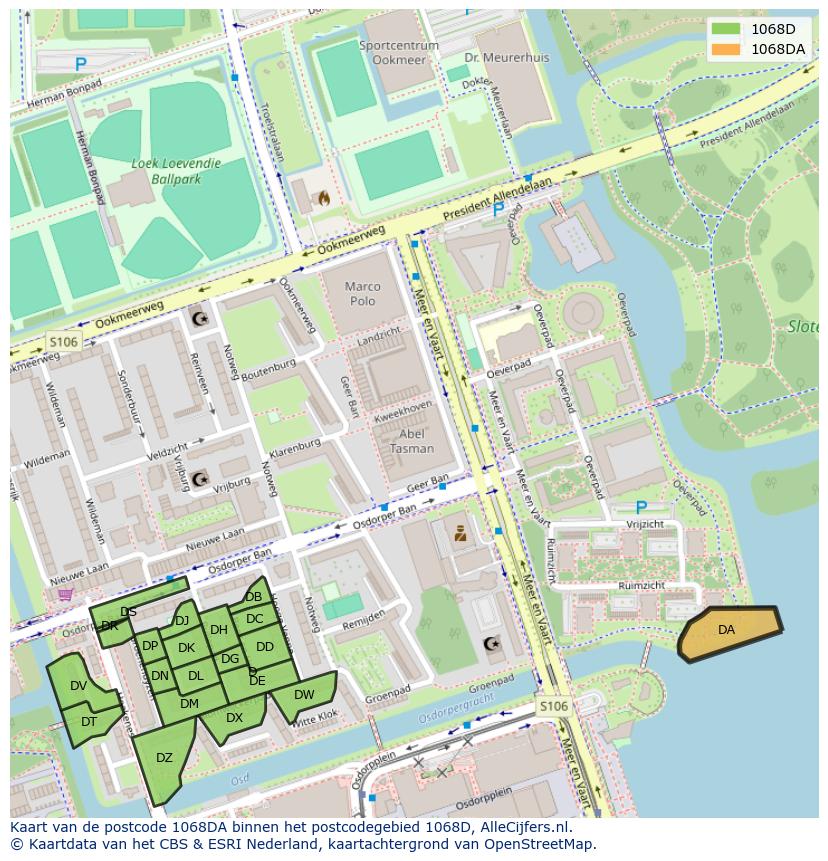 Afbeelding van het postcodegebied 1068 DA op de kaart.