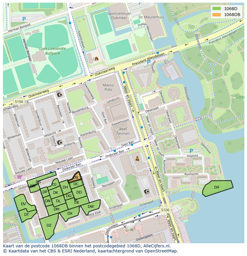 Afbeelding van het postcodegebied 1068 DB op de kaart.